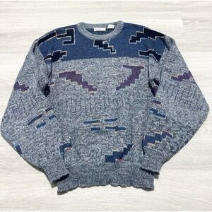 Koman M Men's Vintage 80s 90s Grandpa Sweater Long Sleeve Abstract